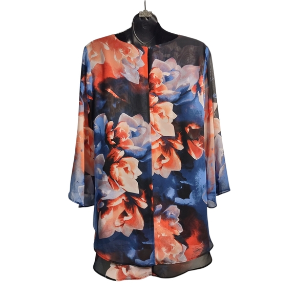 Jennifer Lopez Blouse Women's V-Neck Layered Hi-Lo 3/4 Sleeve Chiffon Top Sz M - Picture 2 of 8